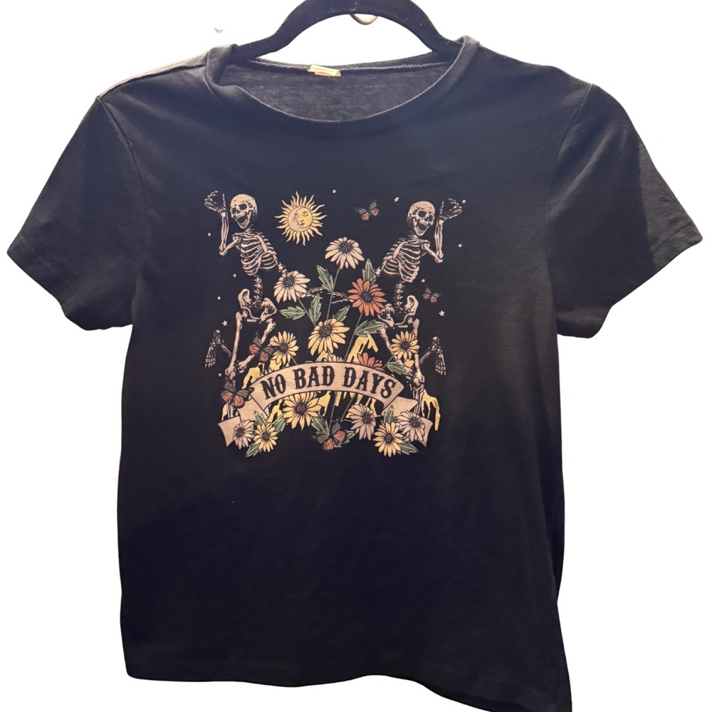 Black Graphic Tee with Skeletons and Flowers